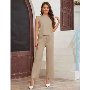 IMCTAH 2 Piece Outfits Sweater Sets Knit Sleeveless Pullover Top High Waisted Pants Tracksuits for Women