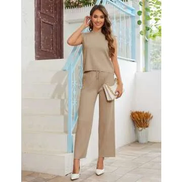IMCTAH 2 Piece Outfits Sweater Sets Knit Sleeveless Pullover Top High Waisted Pants Tracksuits for Women