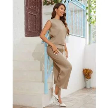 IMCTAH 2 Piece Outfits Sweater Sets Knit Sleeveless Pullover Top High Waisted Pants Tracksuits for Women