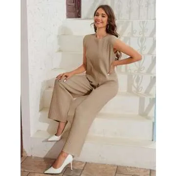 IMCTAH 2 Piece Outfits Sweater Sets Knit Sleeveless Pullover Top High Waisted Pants Tracksuits for Women