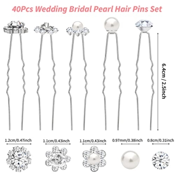 40 Pack Wedding Pearl Hair Pins for Bridal, Silver Pearl Rhinestone Hair Pins Wedding Hair Decorations Accessories for Brides Bridesmaids Women Girls