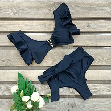 Stylish SPORLIKE Ruffle High Waist Bikini Swimsuit