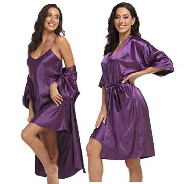 Women's Satin Robes 2 Piece Pajama Set Sexy Lingerie Robe Soft Sleepwear Silky Kimono Nightgown with Camisole Deep Purple X-Large