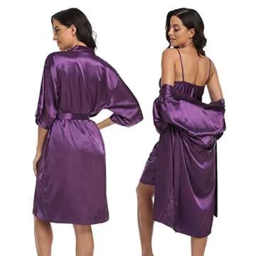 Women's Satin Robes 2 Piece Pajama Set Sexy Lingerie Robe Soft Sleepwear Silky Kimono Nightgown with Camisole Deep Purple X-Large