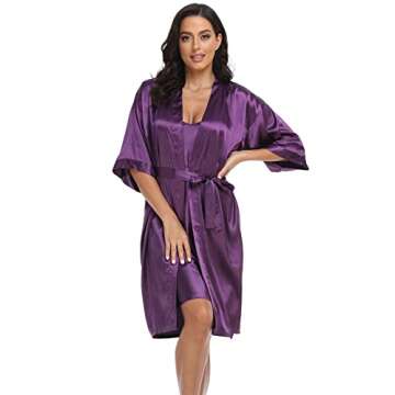 Women's Satin Robes 2 Piece Pajama Set Sexy Lingerie Robe Soft Sleepwear Silky Kimono Nightgown with Camisole Deep Purple X-Large