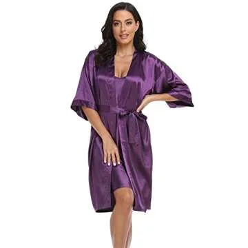 Women's Satin Robes 2 Piece Pajama Set Sexy Lingerie Robe Soft Sleepwear Silky Kimono Nightgown with Camisole Deep Purple X-Large