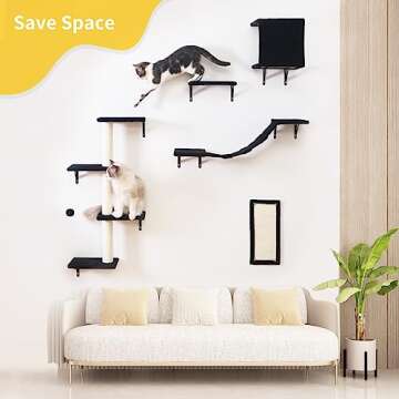 Modern Wall-Mounted Cat Furniture - 5pcs Cat Wall Shelves, Stable Wooden Cat Climber with Cat House,...