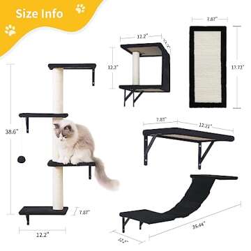 Modern Wall-Mounted Cat Furniture - 5pcs Cat Wall Shelves, Stable Wooden Cat Climber with Cat House, Bridge, Tree, Steps, and Scratcher - Black