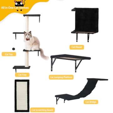 Modern Wall-Mounted Cat Furniture - 5pcs Cat Wall Shelves, Stable Wooden Cat Climber with Cat House, Bridge, Tree, Steps, and Scratcher - Black