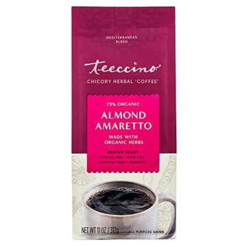 Teeccino Almond Amaretto Chicory Coffee Alternative - Ground Herbal Coffee That’s Prebiotic, Caffeine Free & Acid Free, Medium Roast, 11 Ounce