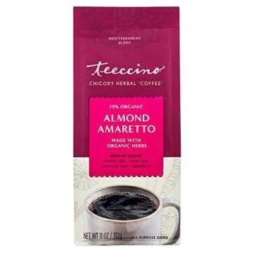 Teeccino Almond Amaretto Chicory Coffee Alternative - Ground Herbal Coffee That’s Prebiotic, Caffeine Free & Acid Free, Medium Roast, 11 Ounce