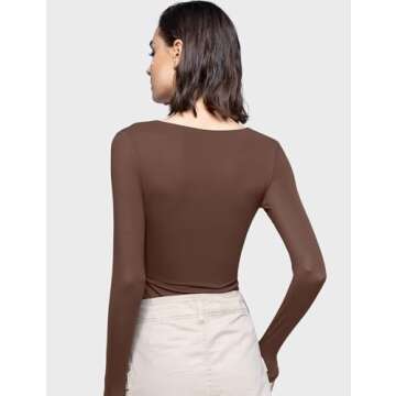 PUMIEY Long Sleeve Shirts for Women Dupes Square Neck T Shirts Womens Fashion Going Out Tops Fall Outfits Brown Basic Tee, Chocolate, X-Large