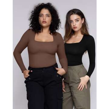 PUMIEY Long Sleeve Shirts for Women Dupes Square Neck T Shirts Womens Fashion Going Out Tops Fall Outfits Brown Basic Tee, Chocolate, X-Large