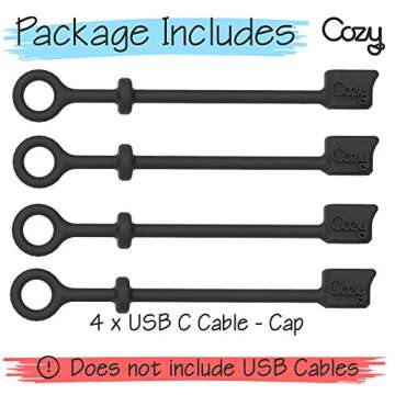[5-Piece] Cozy USB Caps for USB C Cable - Tether/Cap Provides Dust and Oxidation Protection, Projection Adapter Cover, Protects During Travel, Portable, Designed by Cozy (Black)