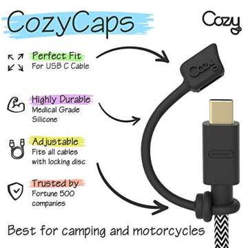 [5-Piece] Cozy USB Caps for USB C Cable - Tether/Cap Provides Dust and Oxidation Protection, Projection Adapter Cover, Protects During Travel, Portable, Designed by Cozy (Black)