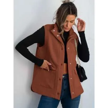 ANRABESS Womens Fuzzy Fleece Vest Sleeveless Casual Warm Button Down Sherpa Jackets Outerwear With Pockets Winter Fashion Rust Red Medium