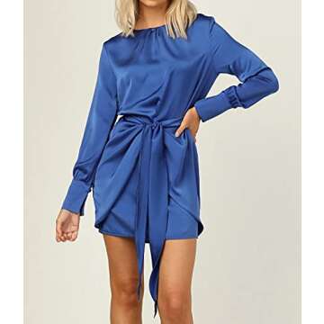 R.Vivimos Women's Satin Dress Long Sleeve Casual Wrap Ruched Tie Waist Party Mini Dress (Small, RoyalBlue)