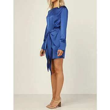 R.Vivimos Women's Satin Dress Long Sleeve Casual Wrap Ruched Tie Waist Party Mini Dress (Small, RoyalBlue)