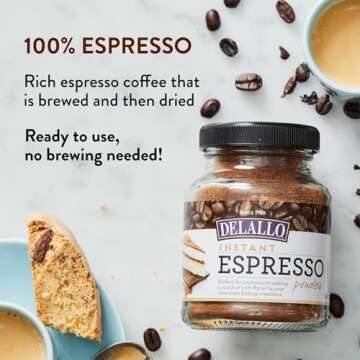 DeLallo Instant Espresso Powder, 1.94 Ounce Jar, For Baking and Drinks,100% Dark Roast Coffee, Naturally Caffeinated, Non GMO