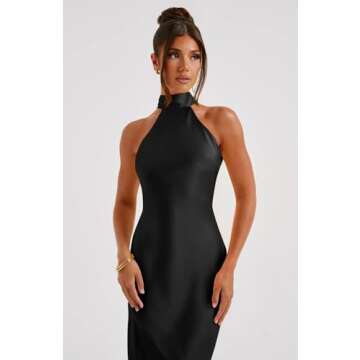 Memoriesea Women's Sexy Satin High Split Sleeveless Backless Party Wedding Maxi Dress Black