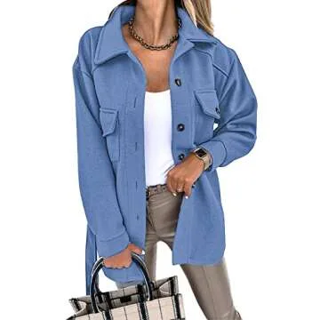 FARYSAYS Womens Shacket Jackets Fall Winter Trench Pea Coat Long Sleeve Button Down Shirts