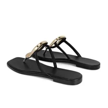 Wnshonzy Flip-Flops for Women Thong Sandals Flat Black Slip on Slides Leather Beach Comfort Open Square Toe Ladies Slipper Dressy Metal Hardware Decoration Summer Shoes Casual Fashion