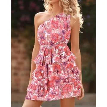 BTFBM 2024 Women One Shoulder Casual Summer Dresses Floral Boho High Waist Beach Ruffle Tiered A Lin...