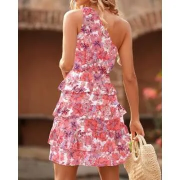BTFBM 2024 Women One Shoulder Casual Summer Dresses Floral Boho High Waist Beach Ruffle Tiered A Line Flowy Mini Dress(Floral Pink White, Small)
