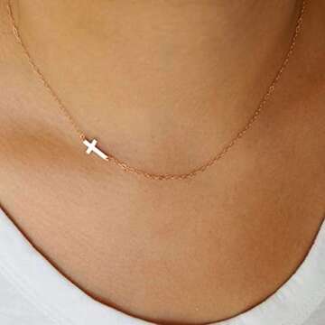 Cross Necklace for Women - 14k Gold or Silver Dainty Celebrity Cross Pendant - Sideways Protection C...