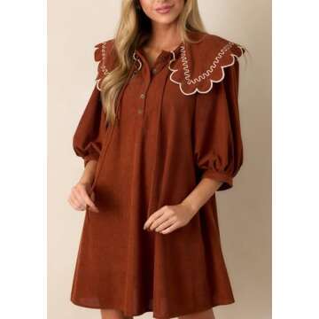 SCOFEEL Women's Corduroy Long Sleeve Mini Dress Round Neck Front Tie and Button Babydoll Mini Dress