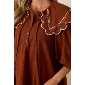 SCOFEEL Women's Corduroy Long Sleeve Mini Dress Round Neck Front Tie and Button Babydoll Mini Dress