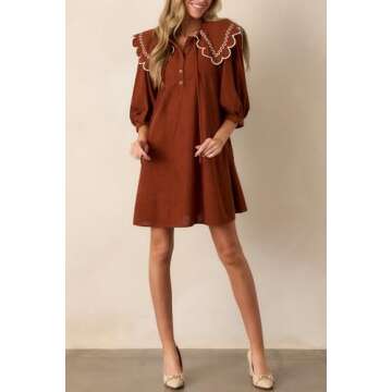 SCOFEEL Women's Corduroy Long Sleeve Mini Dress Round Neck Front Tie and Button Babydoll Mini Dress