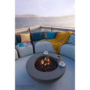 AMS Fireplace Elementi Lunar Bowl Cast Concrete Fire Table, Outdoor Fire Pit Fire TablePatio Furniture, Stainless Steel Burner, Canvas Cover and Lava Rock Included, Free Wind Guard Liquid Propane
