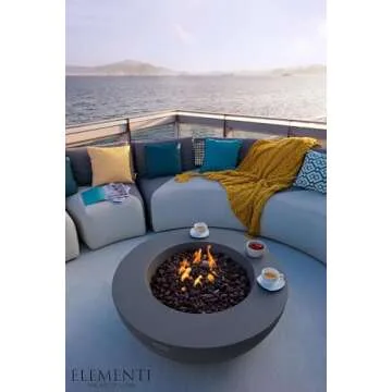 AMS Fireplace Elementi Lunar Bowl Cast Concrete Fire Table, Outdoor Fire Pit Fire TablePatio Furniture, Stainless Steel Burner, Canvas Cover and Lava Rock Included, Free Wind Guard Liquid Propane
