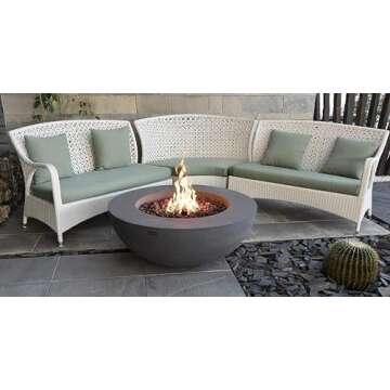 AMS Fireplace Elementi Lunar Bowl Cast Concrete Fire Table, Outdoor Fire Pit Fire TablePatio Furniture, Stainless Steel Burner, Canvas Cover and Lava Rock Included, Free Wind Guard Liquid Propane