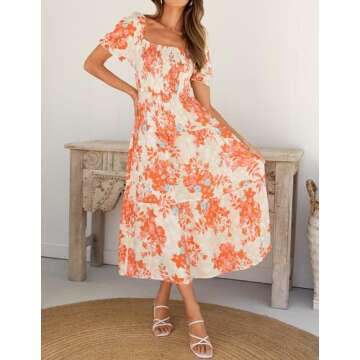 ZESICA Women's 2025 Summer Boho Floral Print Square Neck Ruffle Swing Beach Long Maxi Dress,Tangerine,Large