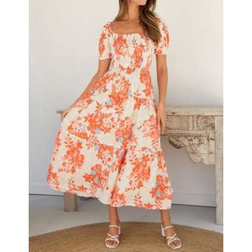 ZESICA Women's 2025 Summer Boho Floral Print Square Neck Ruffle Swing Beach Long Maxi Dress,Tangerine,Large