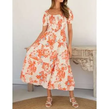 ZESICA Women's 2025 Summer Boho Floral Print Square Neck Ruffle Swing Beach Long Maxi Dress,Tangerine,Large