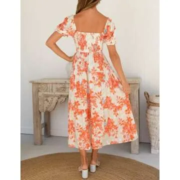 ZESICA Women's 2025 Summer Boho Floral Print Square Neck Ruffle Swing Beach Long Maxi Dress,Tangerine,Large