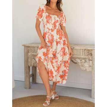 ZESICA Women's 2025 Summer Boho Floral Print Square Neck Ruffle Swing Beach Long Maxi Dress,Tangerine,Large