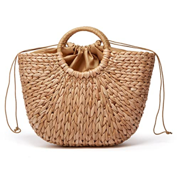 Epsion Stylish Large Straw Beach Tote Bag with Pom Poms