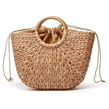 Epsion Stylish Large Straw Beach Tote Bag with Pom Poms