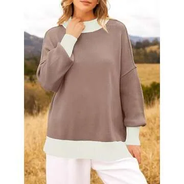 ZESICA Women's Winter Oversized Sweaters Long Sleeve Color Block Mock Neck Side Slit Comfy Loose Kni...