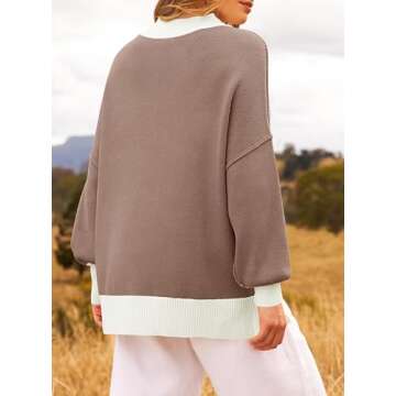 ZESICA Women's Winter Oversized Sweaters Long Sleeve Color Block Mock Neck Side Slit Comfy Loose Knitted Pullover Tops,Almond,Medium