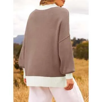 ZESICA Women's Winter Oversized Sweaters Long Sleeve Color Block Mock Neck Side Slit Comfy Loose Knitted Pullover Tops,Almond,Medium