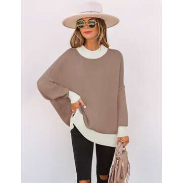 ZESICA Women's Winter Oversized Sweaters Long Sleeve Color Block Mock Neck Side Slit Comfy Loose Knitted Pullover Tops,Almond,Medium