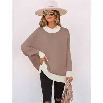 ZESICA Women's Winter Oversized Sweaters Long Sleeve Color Block Mock Neck Side Slit Comfy Loose Knitted Pullover Tops,Almond,Medium