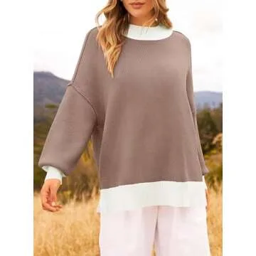 ZESICA Women's Winter Oversized Sweaters Long Sleeve Color Block Mock Neck Side Slit Comfy Loose Knitted Pullover Tops,Almond,Medium
