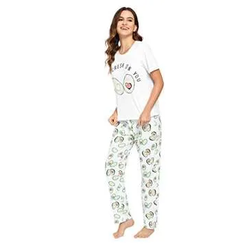 DIDK Women's Cute Cartoon Print Tee and Pants Pajama Set Avocado White X-Large