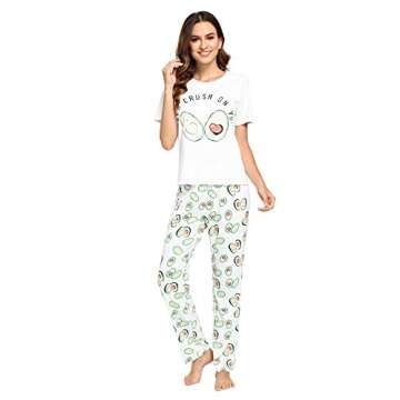 DIDK Women's Cute Cartoon Print Tee and Pants Pajama Set Avocado White X-Large